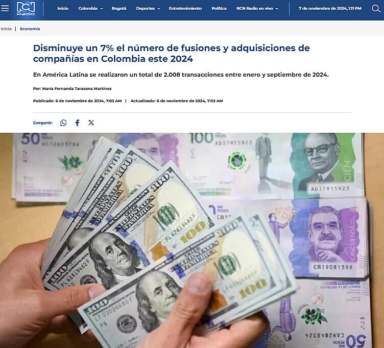 Disminuye un 7% el nmero de fusiones y adquisiciones de compaas en Colombia este 2024